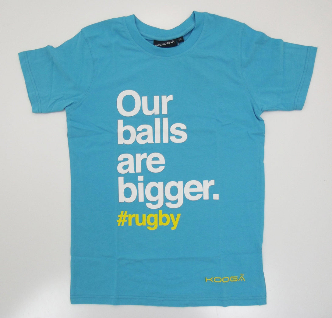Rugby Heaven Kooga Our Balls Are Bigger Adults SS14 Cyan/Lime Slogan T-Shirt - www.rugby-heaven.co.uk