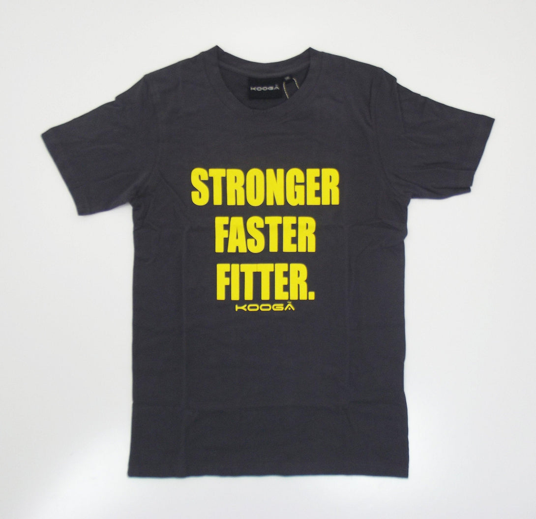 Rugby Heaven Kooga Stronger Faster Fitter Adults SS14 Charcoal/Yellow T-Shirt - www.rugby-heaven.co.uk